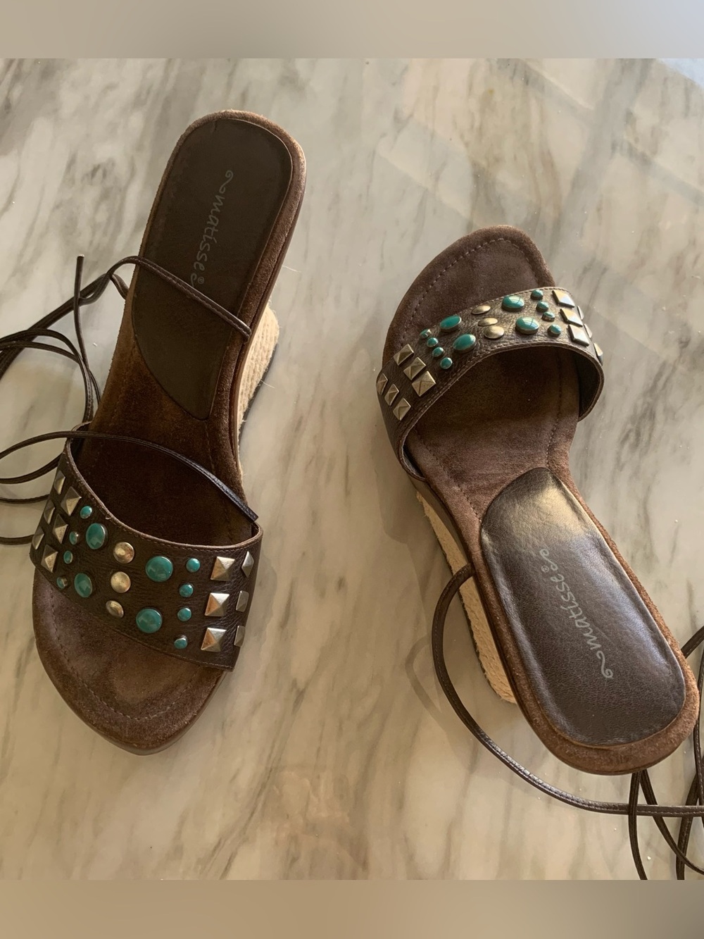 Matisse Brown Wedge Sandals with Teal Studs